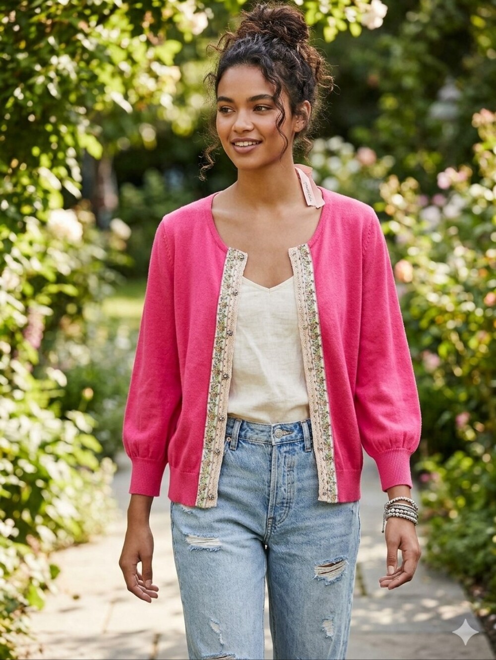 Free People Embellished Lace Knit Cardigan Sweater Pink